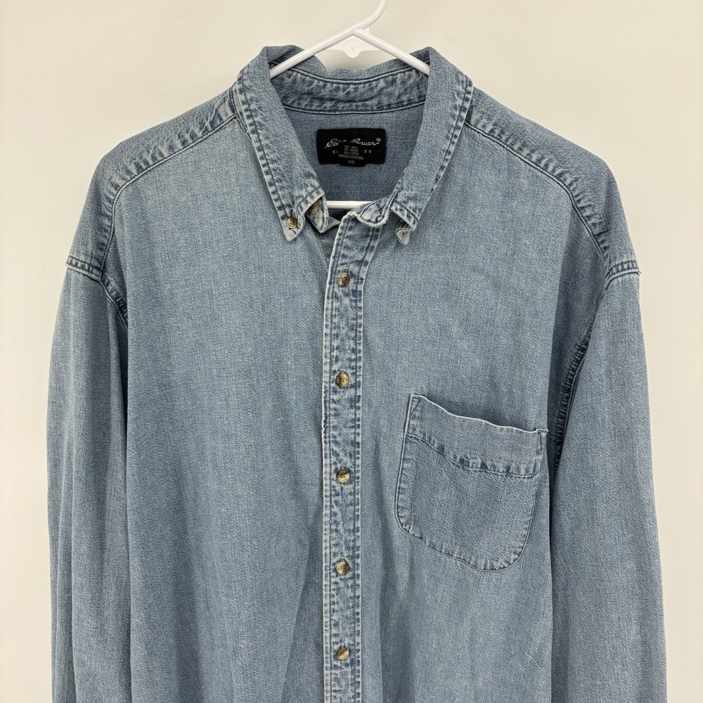 Vintage Eddie Bauer Denim Button Up Shirt Mens XL Cotton Pocket 90s Retro Cowboy